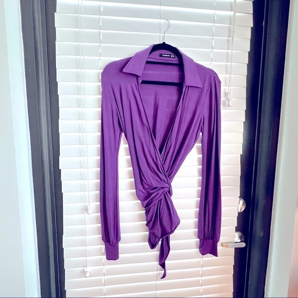 Patty Boutik Purple Collared Wrap Tie Long Sleeve Blouse Top!